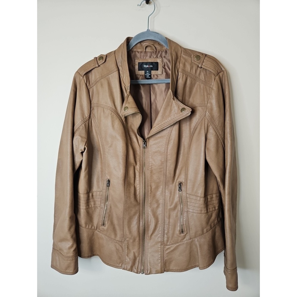 Style & Co Jacket Women XL Brown Faux Leather Moto Luxe Elevated Basic Vegan